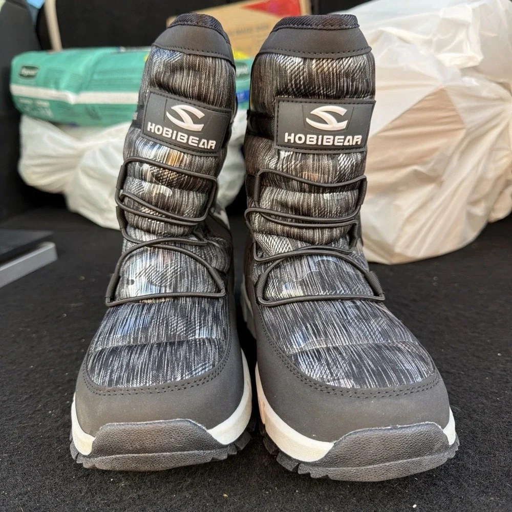Hobibear Snow Boots Black/Gray Design‎ Faux Fur Lined US Side 8.5 M